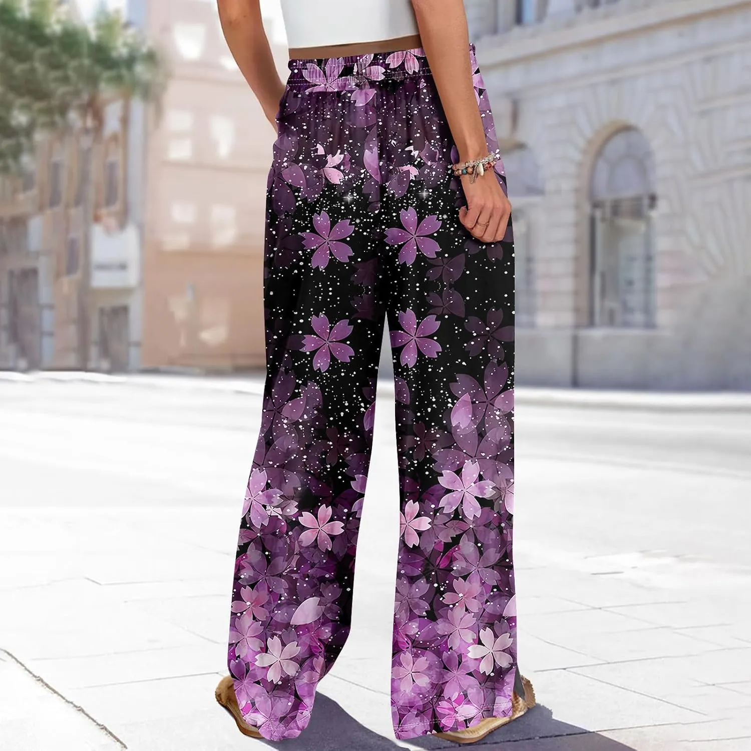 Wide Leg Pants Women Summer Boho High Waist Elastic Waist Palazzo Pants Trendy Casual Floral Print Trousers with Pockets