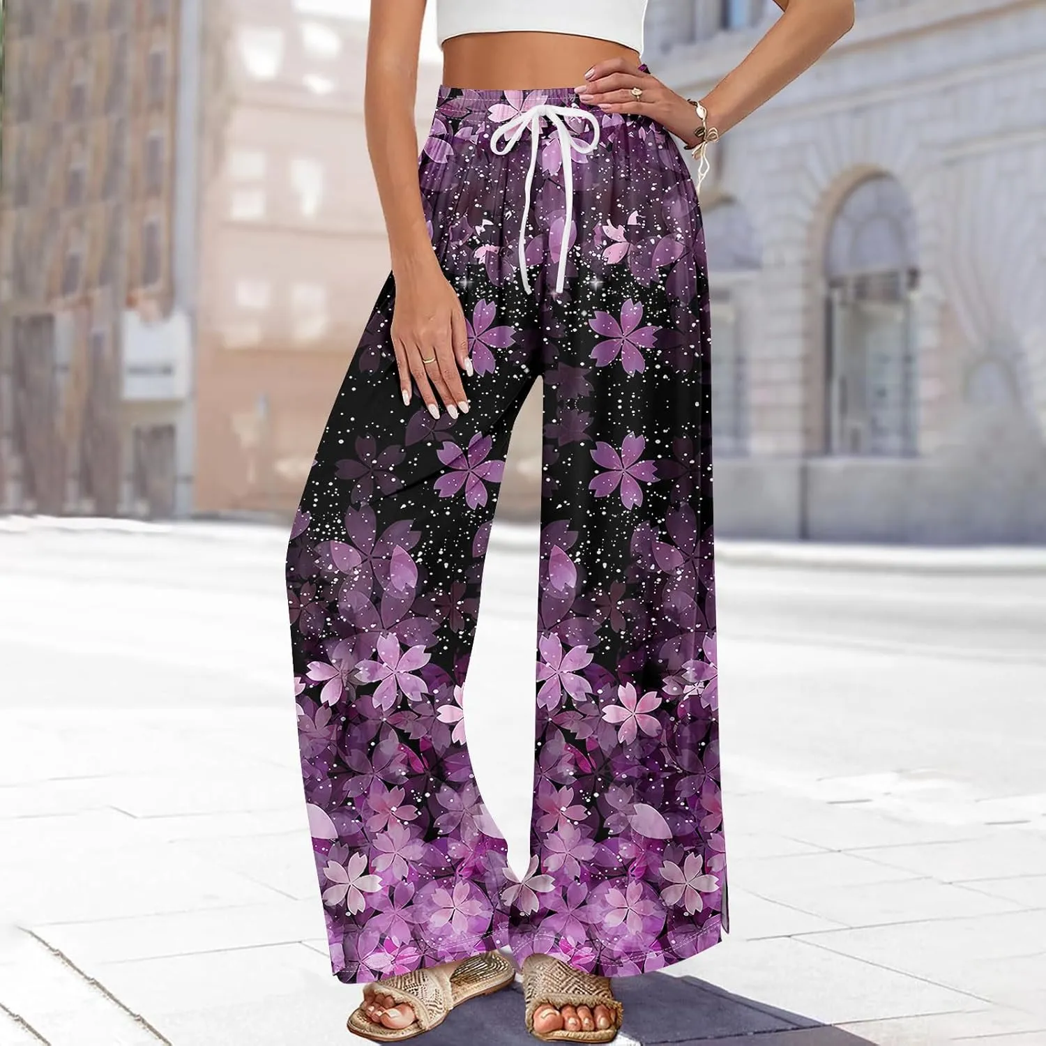 Wide Leg Pants Women Summer Boho High Waist Elastic Waist Palazzo Pants Trendy Casual Floral Print Trousers with Pockets