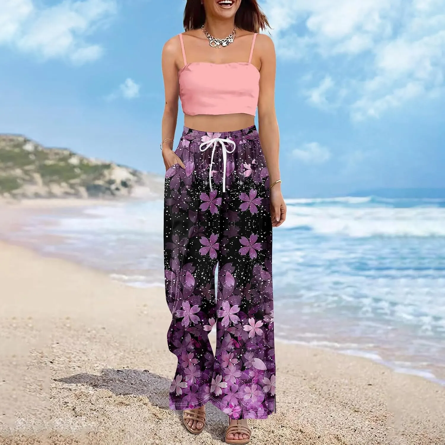 Wide Leg Pants Women Summer Boho High Waist Elastic Waist Palazzo Pants Trendy Casual Floral Print Trousers with Pockets