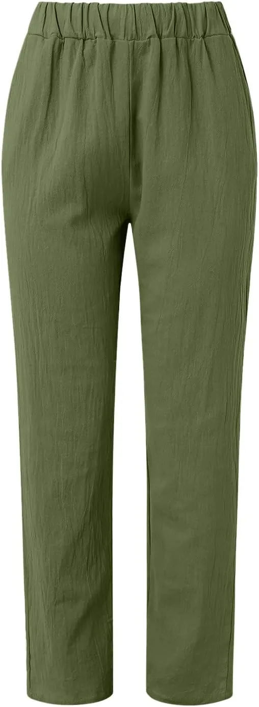 Wide Leg Pants Women Trousers Linen Pants Summer Boho Dressy Ankle Cropped Pants High Waisted Baggy Capris Trousers