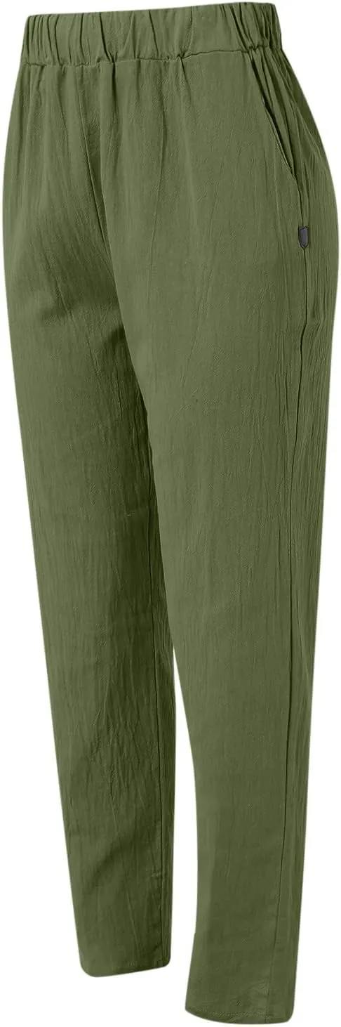 Wide Leg Pants Women Trousers Linen Pants Summer Boho Dressy Ankle Cropped Pants High Waisted Baggy Capris Trousers