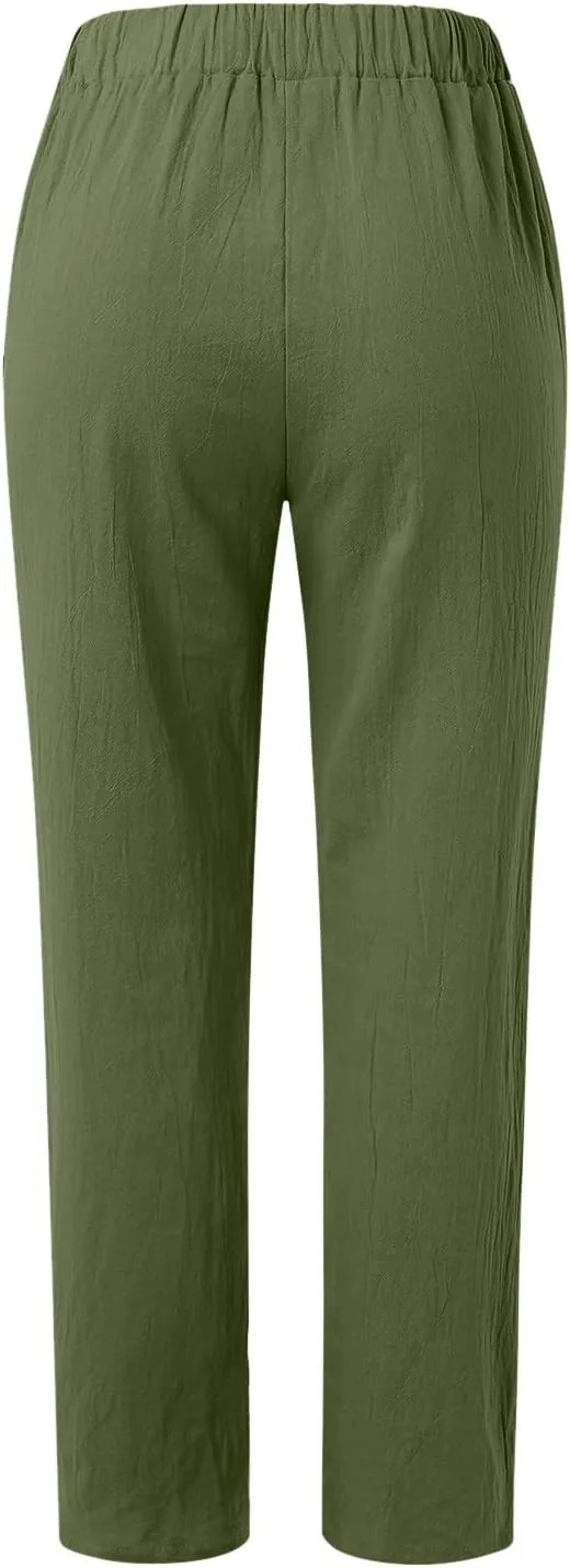 Wide Leg Pants Women Trousers Linen Pants Summer Boho Dressy Ankle Cropped Pants High Waisted Baggy Capris Trousers