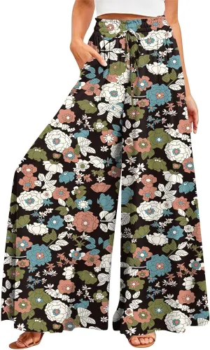 Wide Leg Slacks for Women,Summer Boho Beach Palazzo Pants Floral Print Casual Flowy Loose Lounge Trouser with Pocket