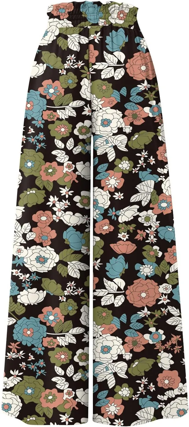 Wide Leg Slacks for Women,Summer Boho Beach Palazzo Pants Floral Print Casual Flowy Loose Lounge Trouser with Pocket
