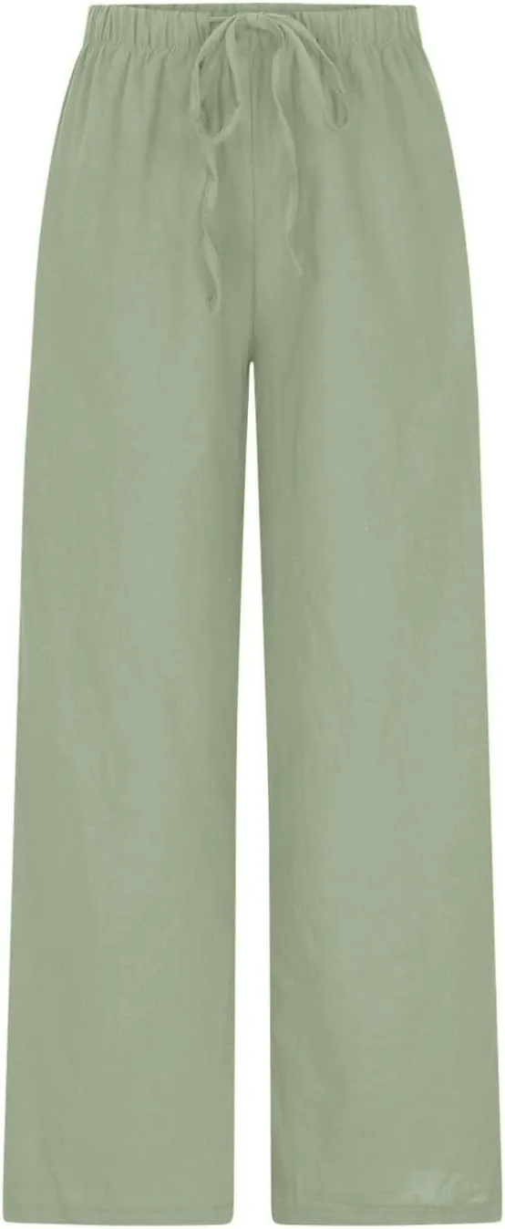 Wide Leg Summer Pants for Women Drawstring Elastic Waist Linen Trousers Lightweight Beach Palazzo Outfit with Pockets