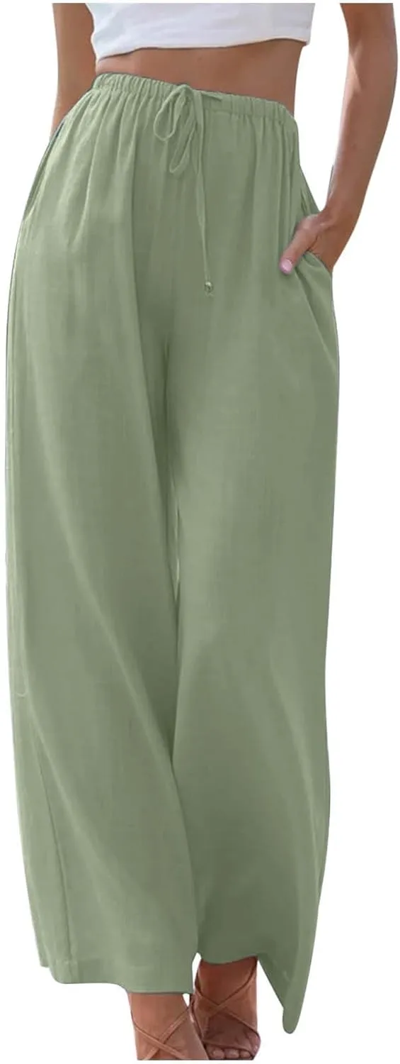 Wide Leg Summer Pants for Women Drawstring Elastic Waist Linen Trousers Lightweight Beach Palazzo Outfit with Pockets