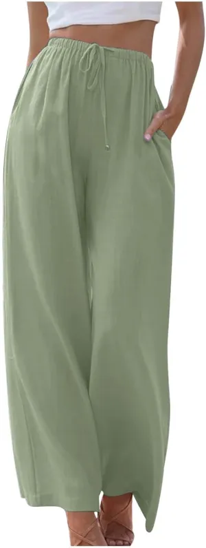 Wide Leg Summer Pants for Women Drawstring Elastic Waist Linen Trousers Lightweight Beach Palazzo Outfit with Pockets