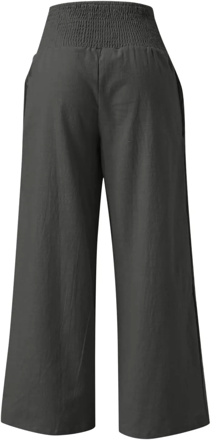 Wide Leg Sweatpants Women Linen Blend High Waisted Trouser Elastic Waist Lounge Pants Lightweight Summer Pants