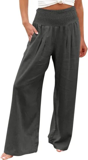 Wide Leg Sweatpants Women Linen Blend High Waisted Trouser Elastic Waist Lounge Pants Lightweight Summer Pants