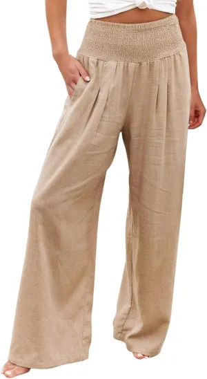 Wide Leg Trousers Women High Waist Casual Loose Palazzo Pants High Waisted Cotton Linen Long Trousers with Pocket