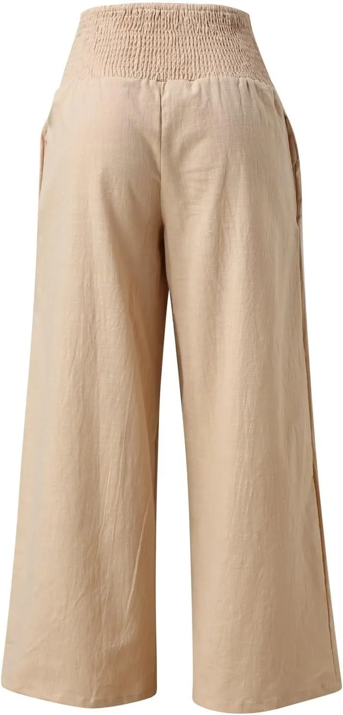 Wide Leg Trousers Women High Waist Casual Loose Palazzo Pants High Waisted Cotton Linen Long Trousers with Pocket