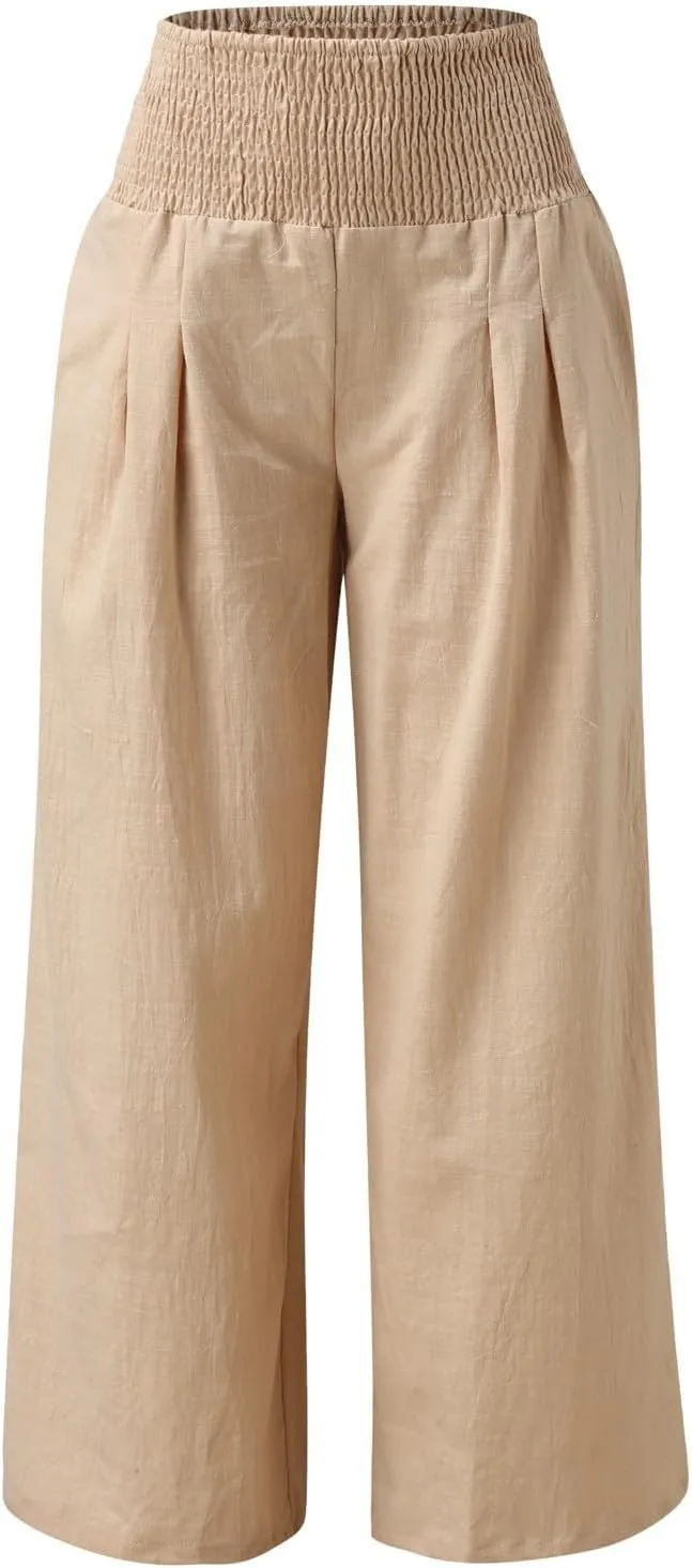 Wide Leg Trousers Women High Waist Casual Loose Palazzo Pants High Waisted Cotton Linen Long Trousers with Pocket