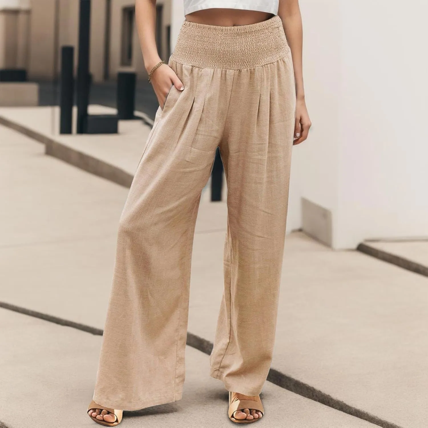 Wide Leg Trousers Women High Waist Casual Loose Palazzo Pants High Waisted Cotton Linen Long Trousers with Pocket
