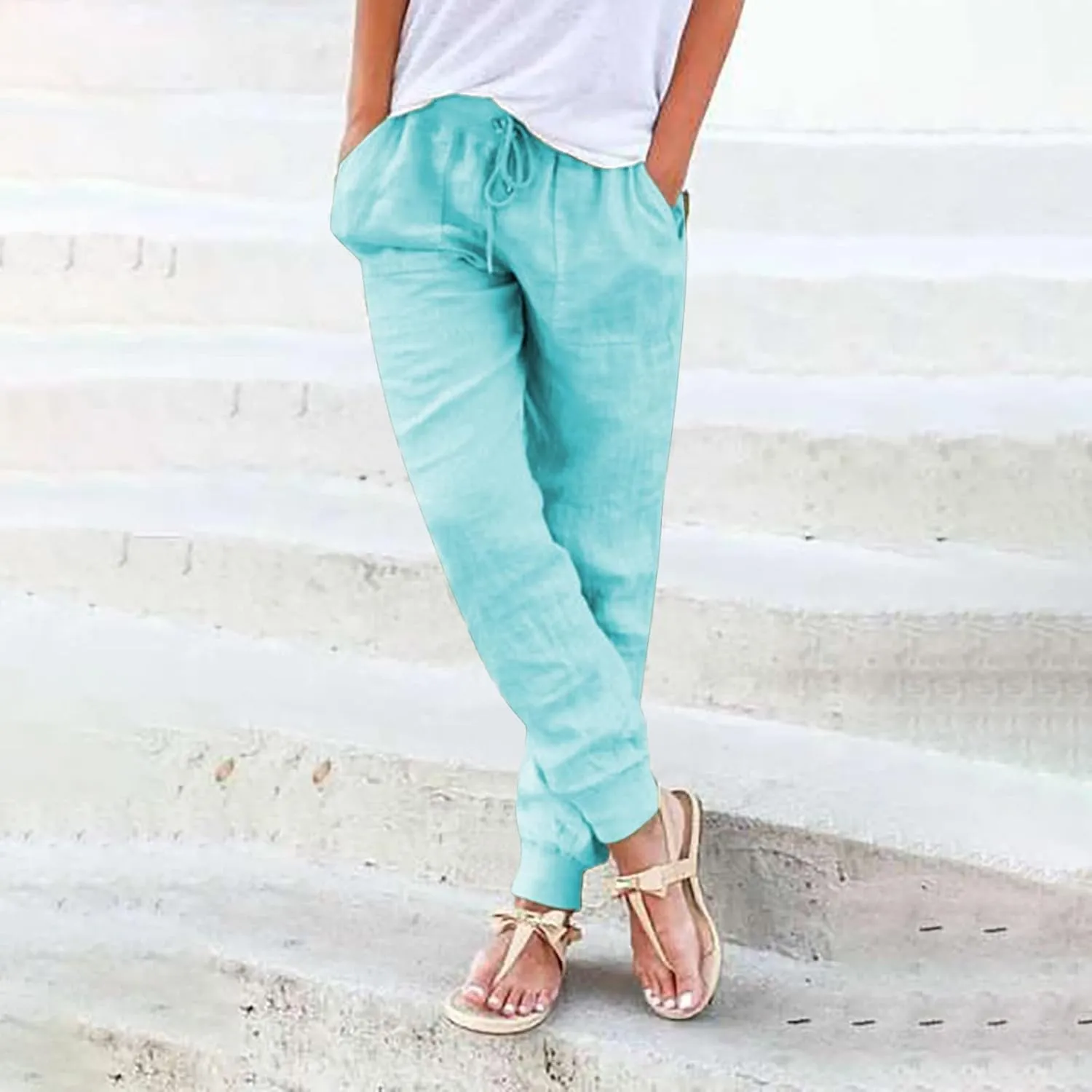 Wide Leg Trousers Women Petite Stretchy Cotton Linen 2024 Summer 2024 Pant Drawstring Pull On Boho Trendy Sweatpant