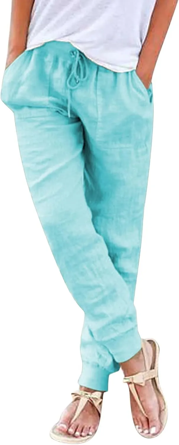 Wide Leg Trousers Women Petite Stretchy Cotton Linen 2024 Summer 2024 Pant Drawstring Pull On Boho Trendy Sweatpant
