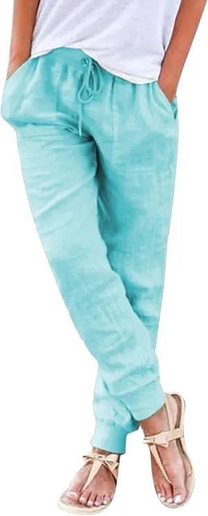 Wide Leg Trousers Women Petite Stretchy Cotton Linen 2024 Summer 2024 Pant Drawstring Pull On Boho Trendy Sweatpant