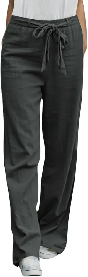 Women Business Casual Summer Pants Linen Cotton Adjustable Tie Knot Trousers Elastic Waist Baggy Solid Straight Leg Pants