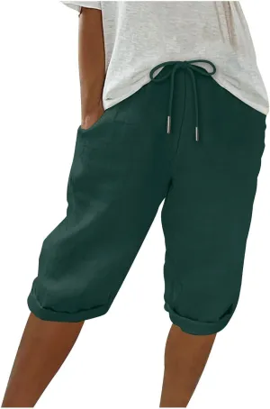 Women Capri Pants Summer Linen Drawstring Elastic Waisted Striped Shorts 2025 Trendy Knee Length Casual Beach Pant