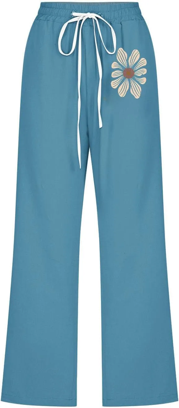 Women Cotton Linen Cropped Sweatpants, Fashion Floral Print Loose Straight Leg Pants Summer Drawstring Pockets Trousers