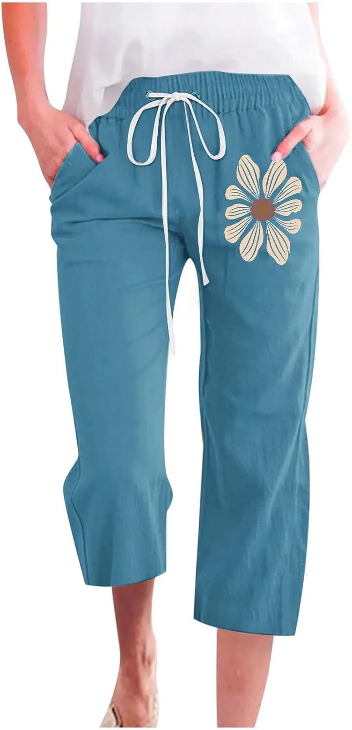 Women Cotton Linen Cropped Sweatpants, Fashion Floral Print Loose Straight Leg Pants Summer Drawstring Pockets Trousers