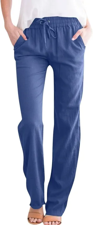 Women Cotton Linen Pants Casual Elastic Drawstring Straight Leg Pants Trousers with Pockets Summer Beach Lounge Pants