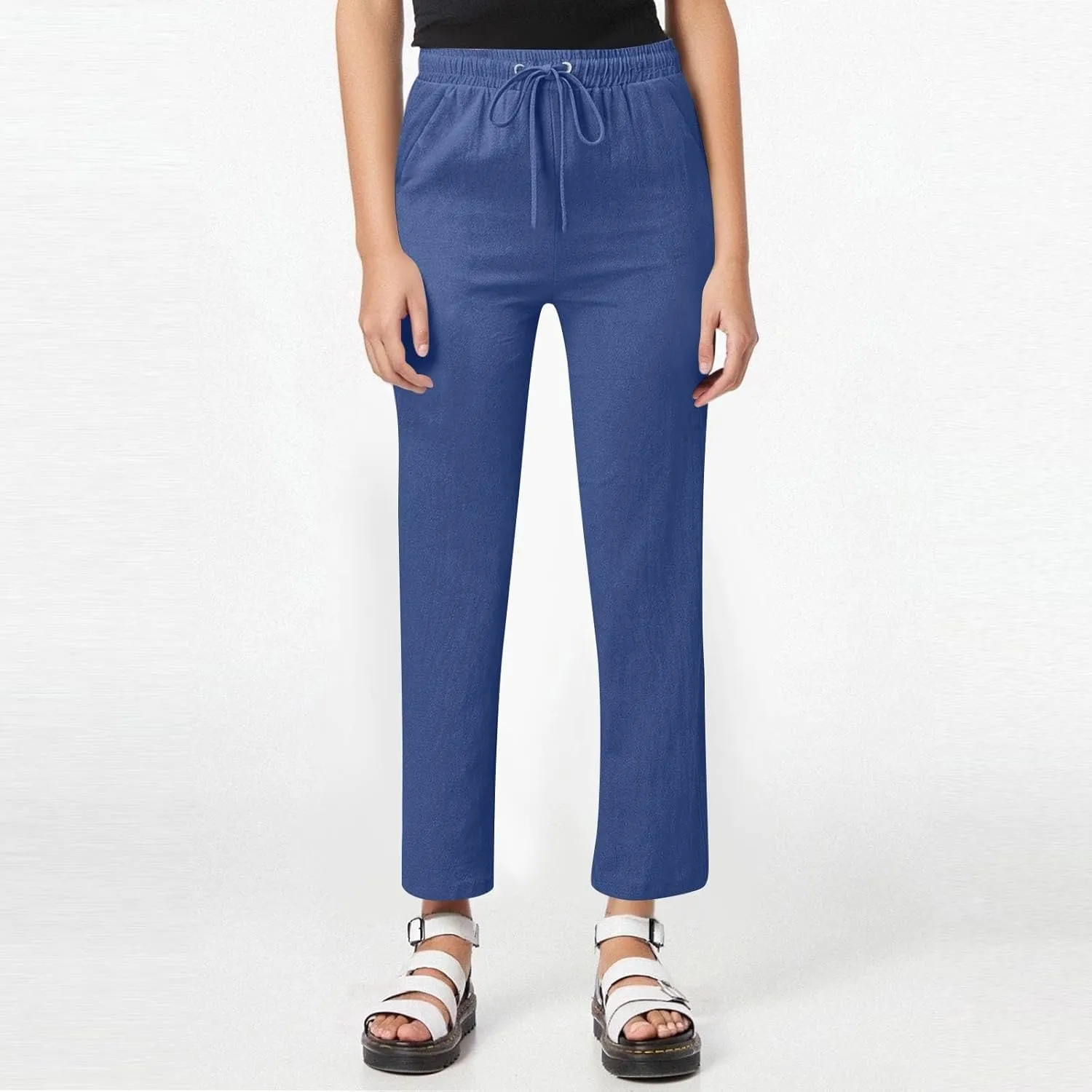 Women Cotton Linen Pants Casual Elastic Drawstring Straight Leg Pants Trousers with Pockets Summer Beach Lounge Pants