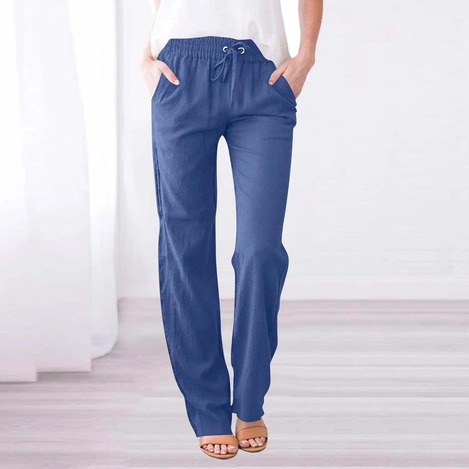 Women Cotton Linen Pants Casual Elastic Drawstring Straight Leg Pants Trousers with Pockets Summer Beach Lounge Pants