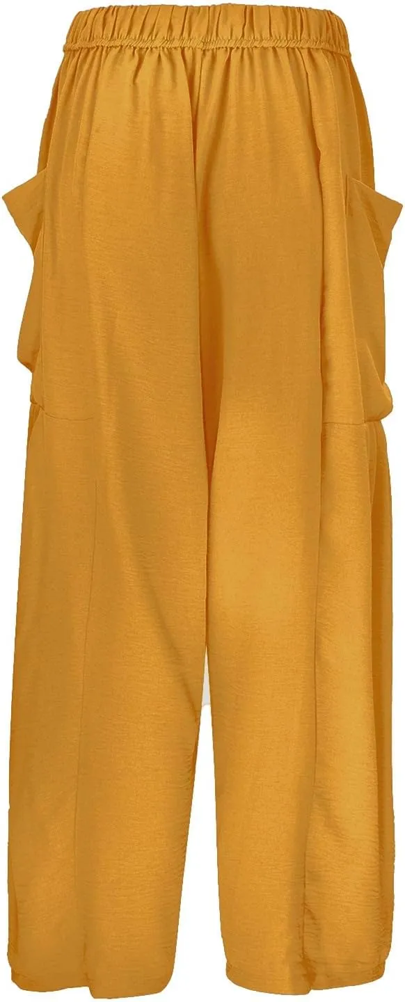 Women Cotton Linen Summer Floral Pants Elastic Waisted Bootcut Slim Fit Trouser Work Business