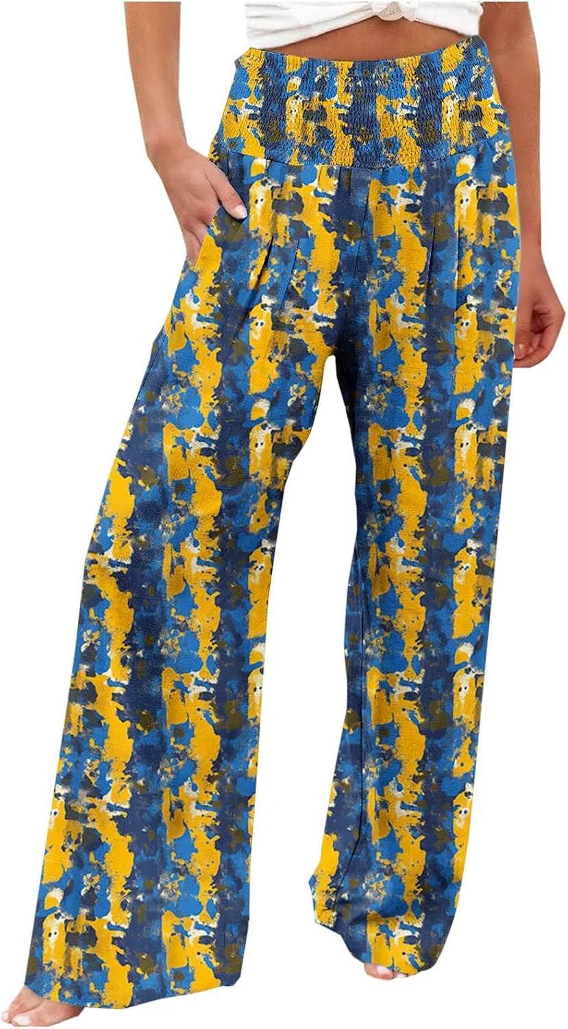 Women Floral Print Linen Palazzo Pants Summer Boho Wide Leg High Waist Lounge Pant Beach Travel Vacation Outfits