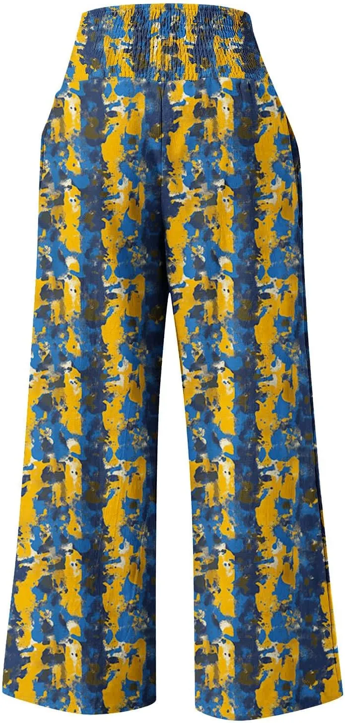 Women Floral Print Linen Palazzo Pants Summer Boho Wide Leg High Waist Lounge Pant Beach Travel Vacation Outfits