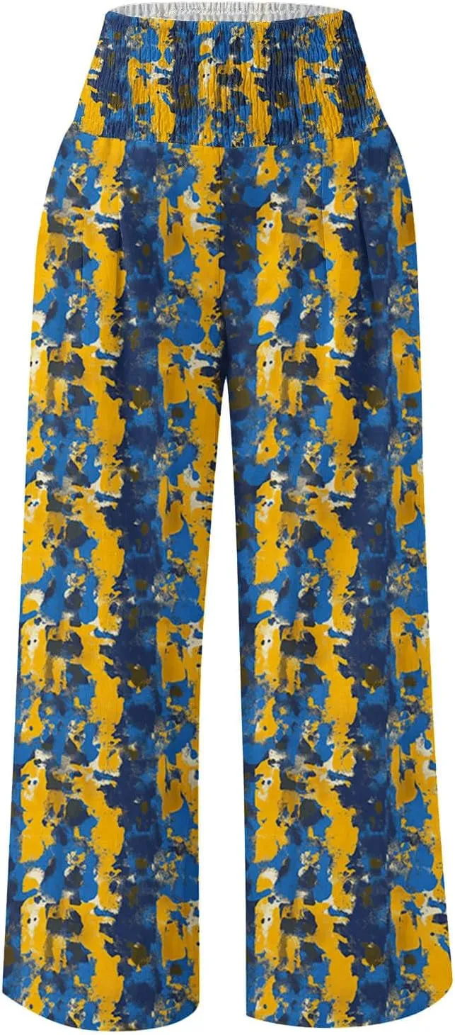 Women Floral Print Linen Palazzo Pants Summer Boho Wide Leg High Waist Lounge Pant Beach Travel Vacation Outfits