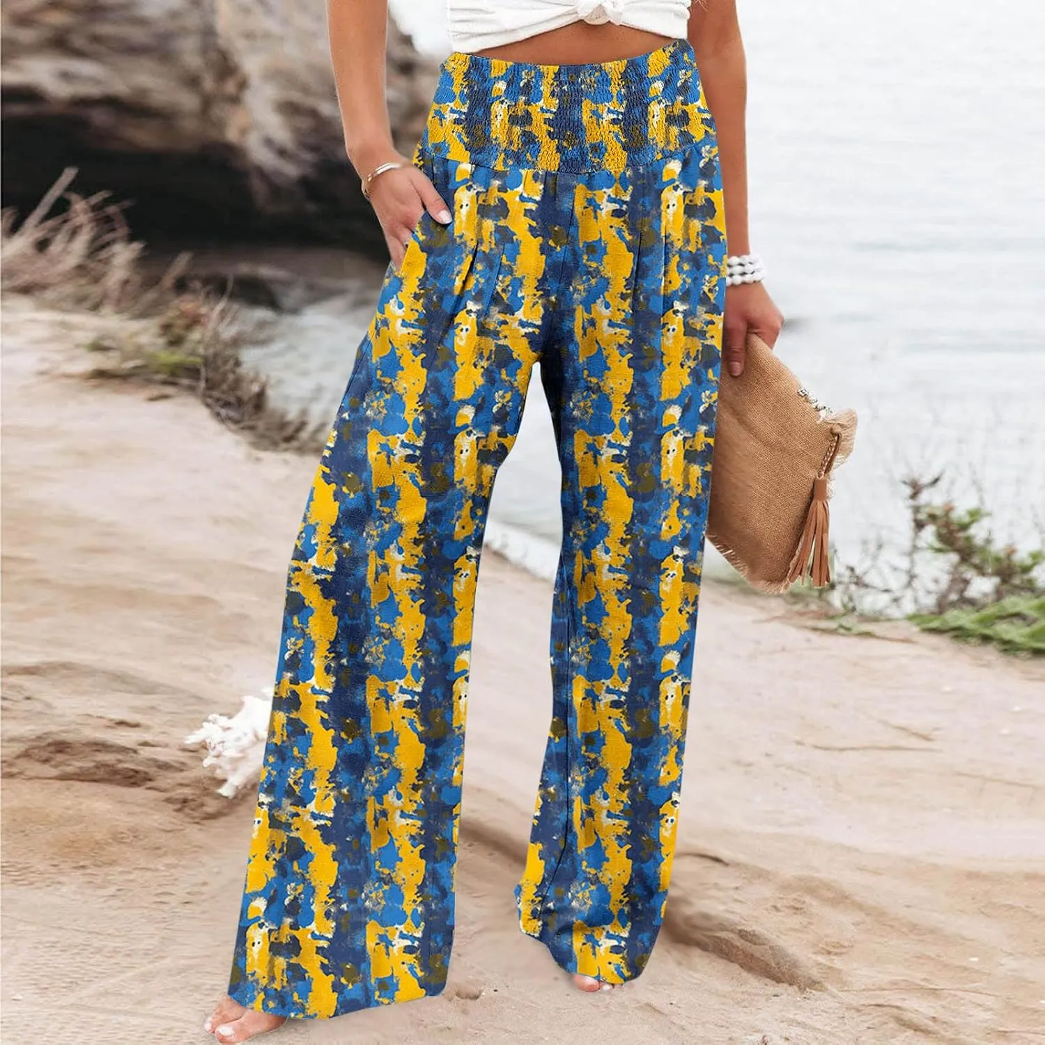 Women Floral Print Linen Palazzo Pants Summer Boho Wide Leg High Waist Lounge Pant Beach Travel Vacation Outfits