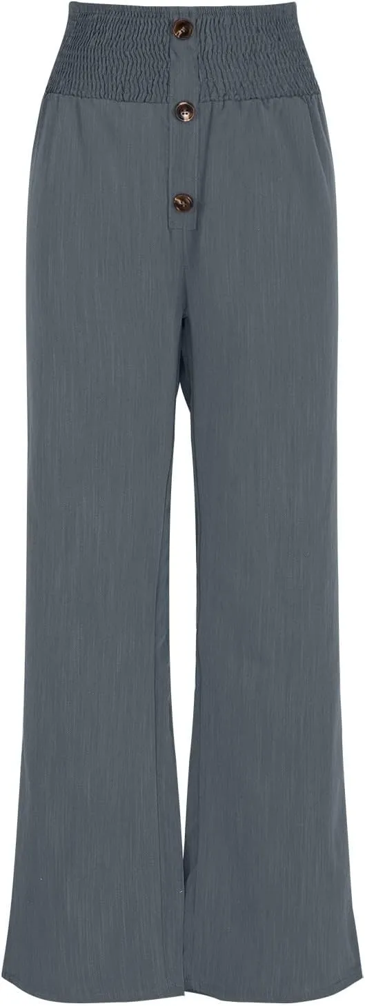 Women Flowy Palazzo Pants Cotton Linen Wide Leg Pant Long Lounge Beach Slacks Smocked High Waist Button Trousers