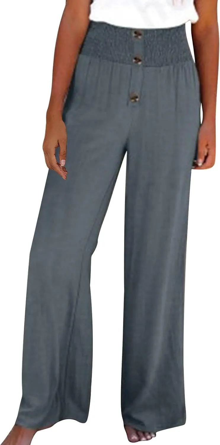 Women Flowy Palazzo Pants Cotton Linen Wide Leg Pant Long Lounge Beach Slacks Smocked High Waist Button Trousers