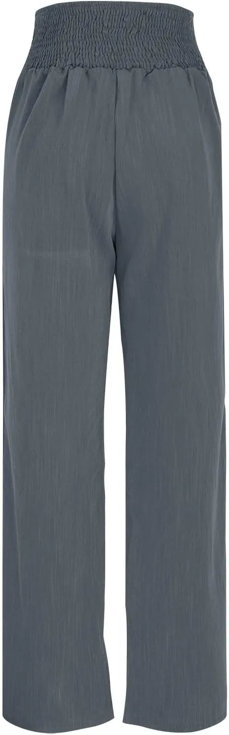 Women Flowy Palazzo Pants Cotton Linen Wide Leg Pant Long Lounge Beach Slacks Smocked High Waist Button Trousers