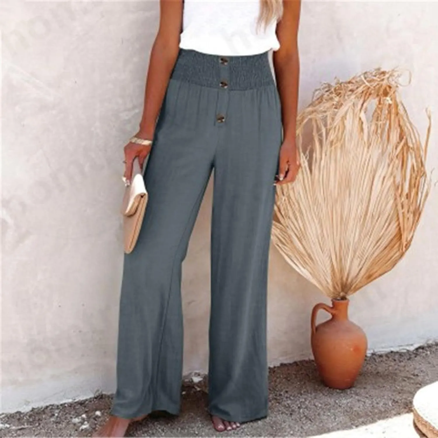 Women Flowy Palazzo Pants Cotton Linen Wide Leg Pant Long Lounge Beach Slacks Smocked High Waist Button Trousers