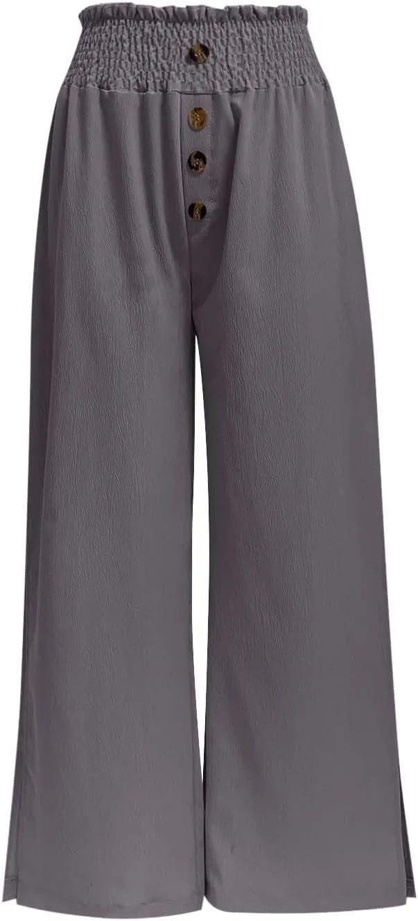 Women High Waist Button Wide Leg Pants with Pocket Split Trousers Solid Colour Vintage Fashion Boho Casual Pant