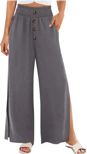 Women High Waist Button Wide Leg Pants with Pocket Split Trousers Solid Colour Vintage Fashion Boho Casual Pant