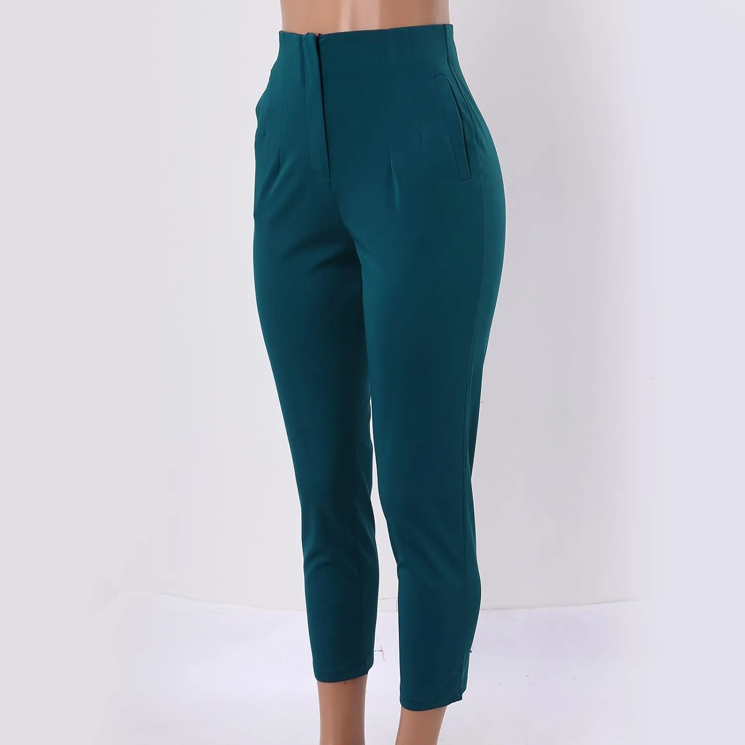 Women High Waist Cropped Work Pants Solid Zipper Trouser Pant Casual Baggy Elastic High Waist Pants for Women