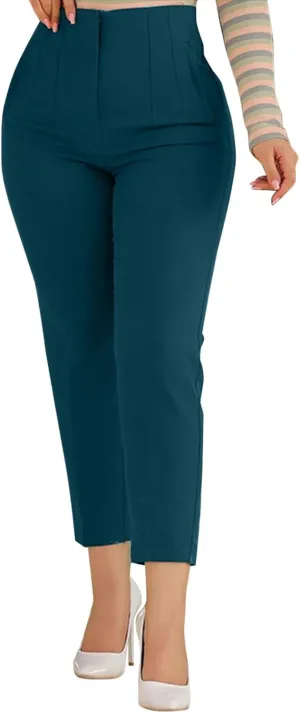 Women High Waist Cropped Work Pants Solid Zipper Trouser Pant Casual Baggy Elastic High Waist Pants for Women