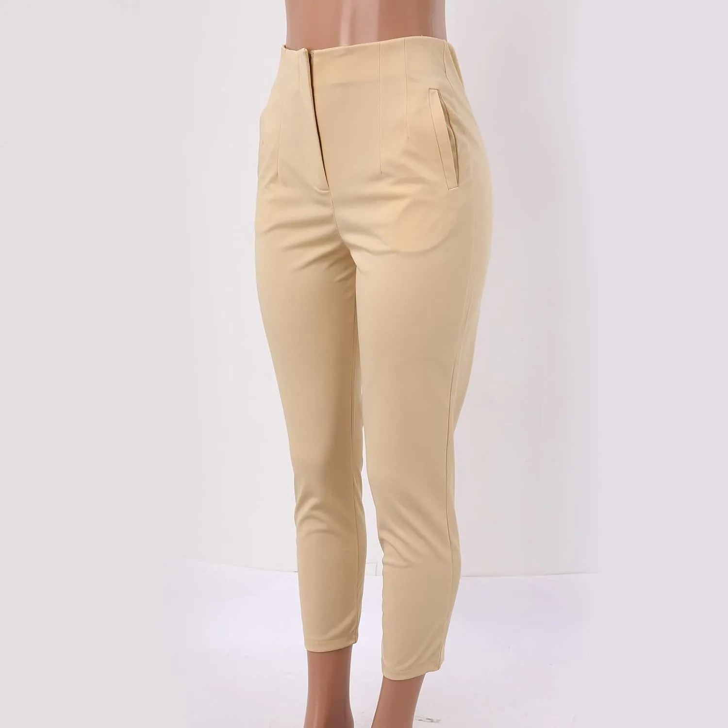 Women High Waist Cropped Work Pants Solid Zipper Trouser Pant Casual Baggy Elastic High Waist Pants for Women