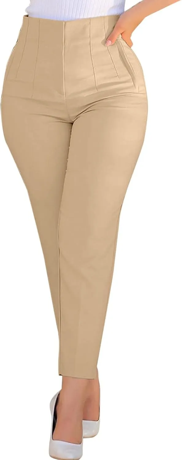 Women High Waist Cropped Work Pants Solid Zipper Trouser Pant Casual Baggy Elastic High Waist Pants for Women