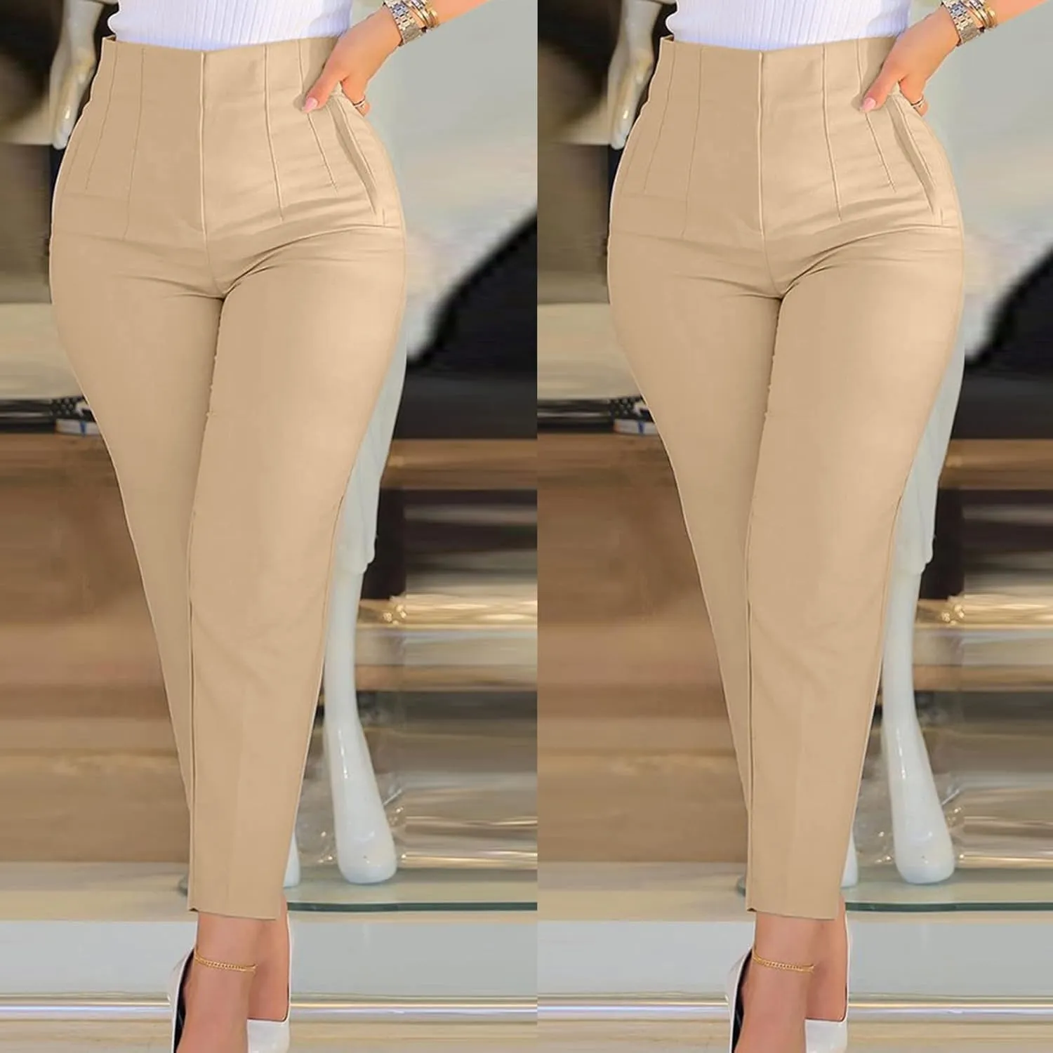 Women High Waist Cropped Work Pants Solid Zipper Trouser Pant Casual Baggy Elastic High Waist Pants for Women