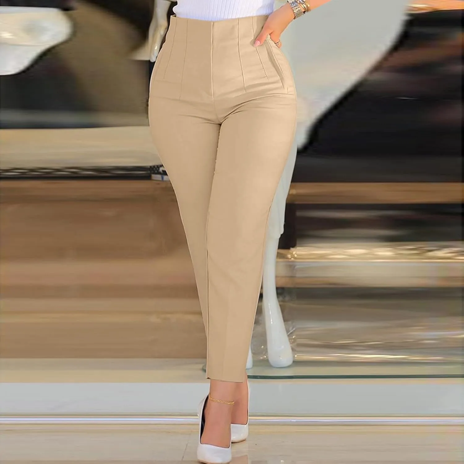 Women High Waist Cropped Work Pants Solid Zipper Trouser Pant Casual Baggy Elastic High Waist Pants for Women