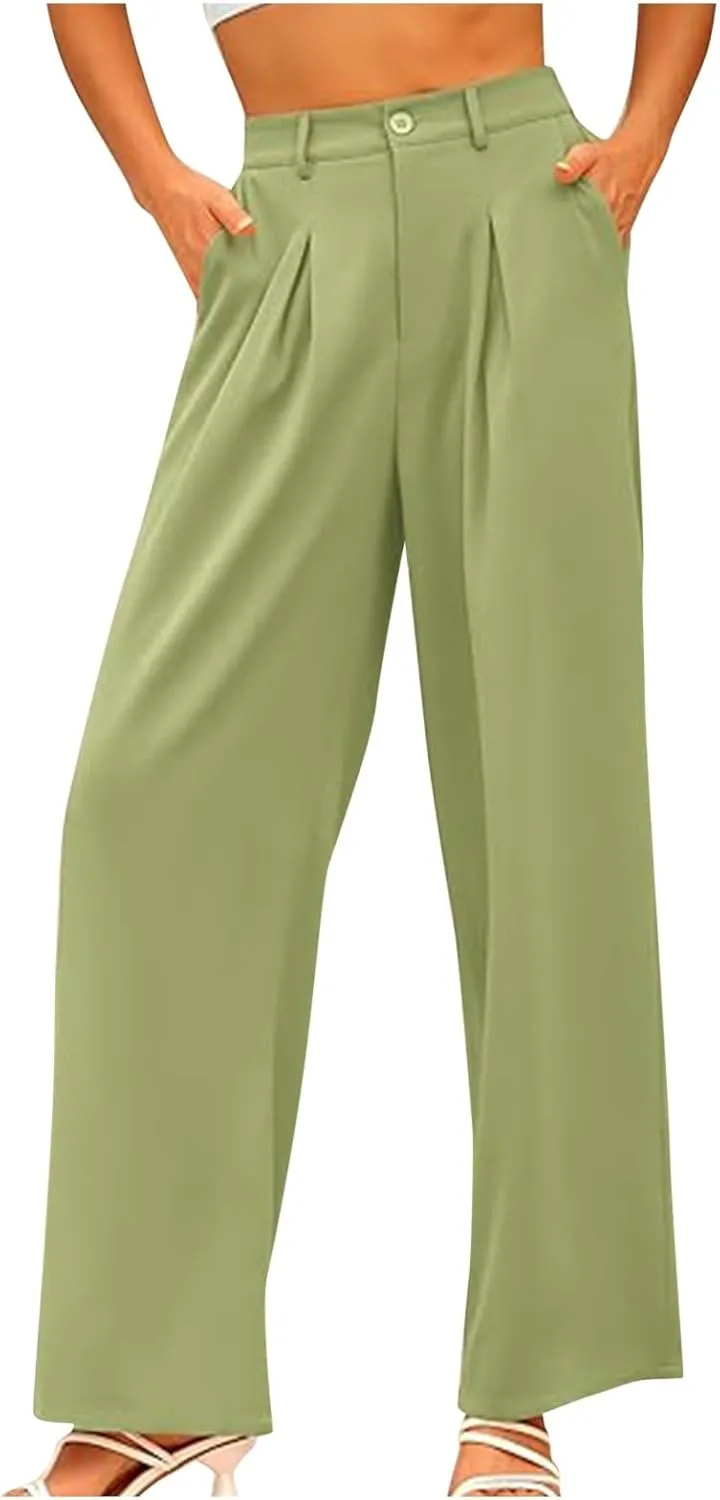 Women High Waist Palazzo Pants Casual Wide Leg Trousers Button Down Loose Work Business Suit Pant Pockets