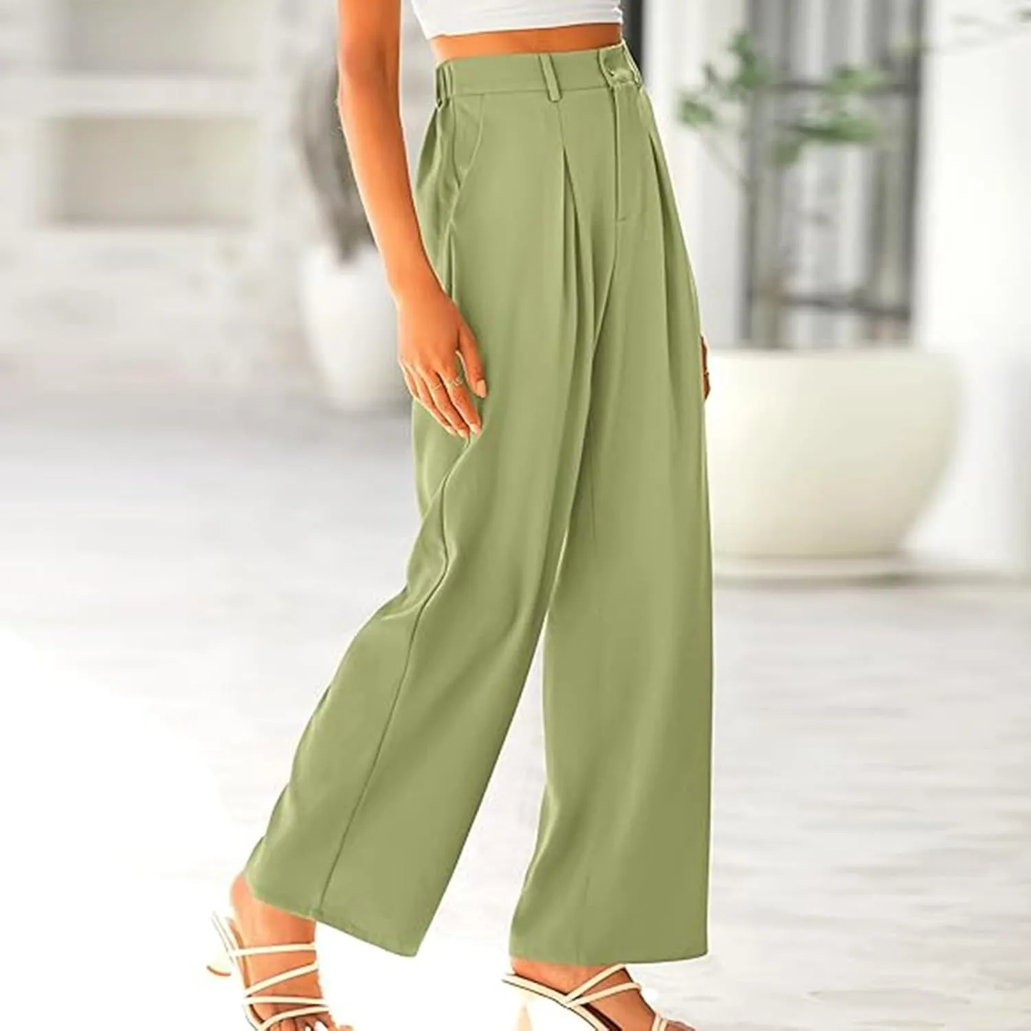 Women High Waist Palazzo Pants Casual Wide Leg Trousers Button Down Loose Work Business Suit Pant Pockets