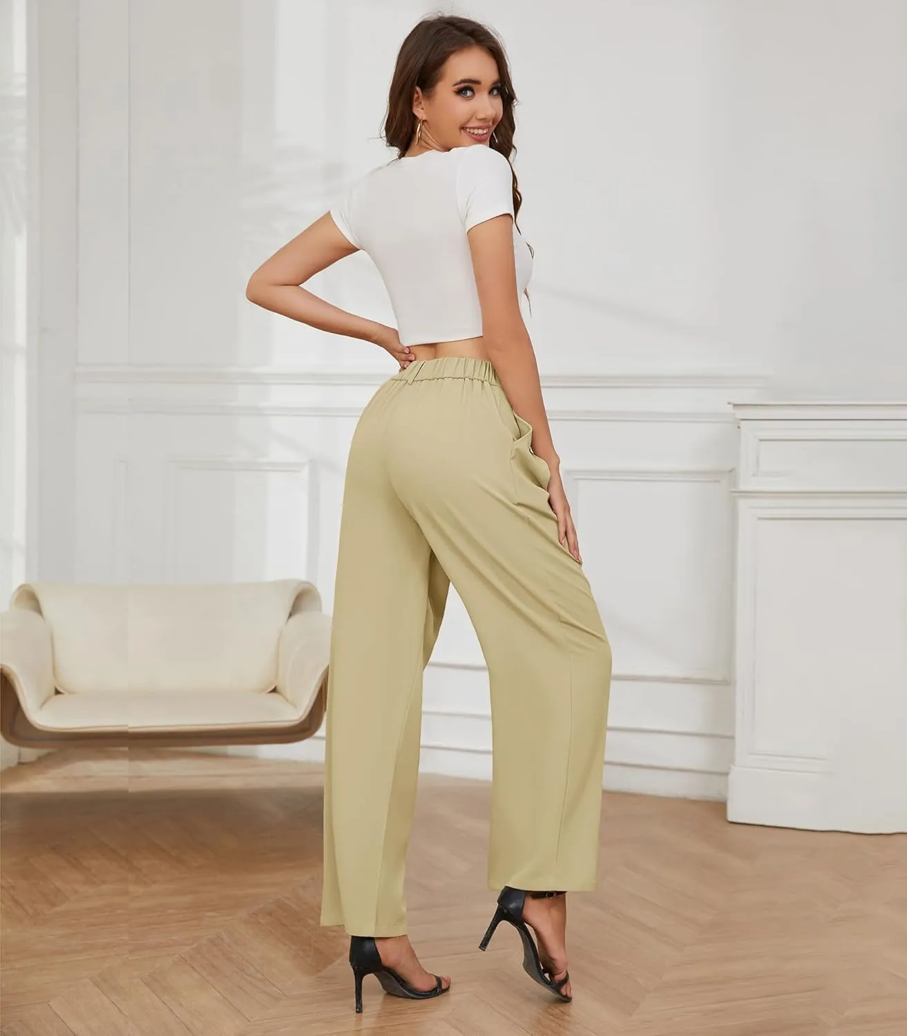 Women High Waist Wide Leg Pants Business Work Trousers Casual Long Straight Pants