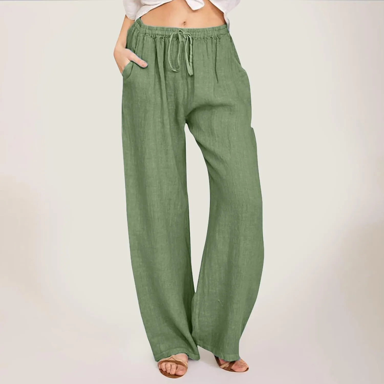 Women High Waisted Wide Leg Pants Fashion Drawstring Elastic Trousers Comfy Straight Leg Long Pants with Pockets