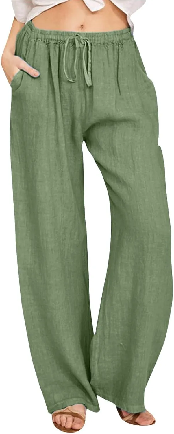 Women High Waisted Wide Leg Pants Fashion Drawstring Elastic Trousers Comfy Straight Leg Long Pants with Pockets