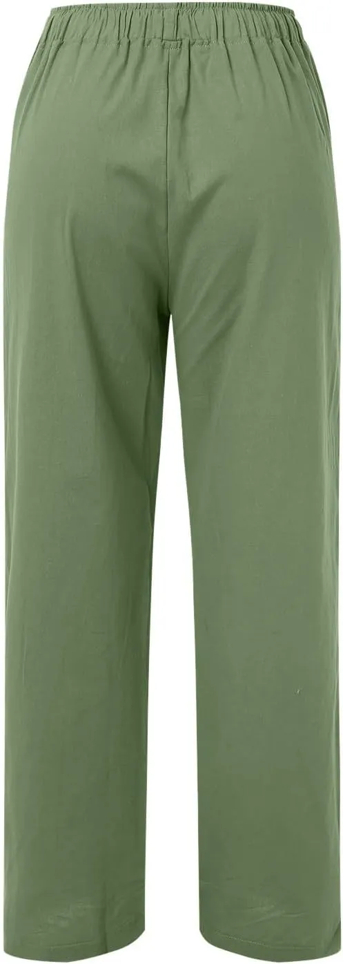 Women High Waisted Wide Leg Pants Fashion Drawstring Elastic Trousers Comfy Straight Leg Long Pants with Pockets